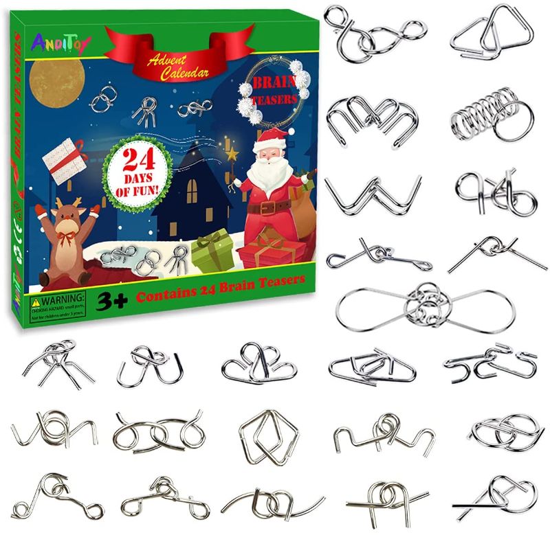 Photo 1 of 2 PACK Anditoy Advent Calendar 2021 with 24 PCS Brain Teaser Metal Wire Puzzle Toys Gift Box for Kids Boys Girls 24 Days Christmas Countdown Party Favors
