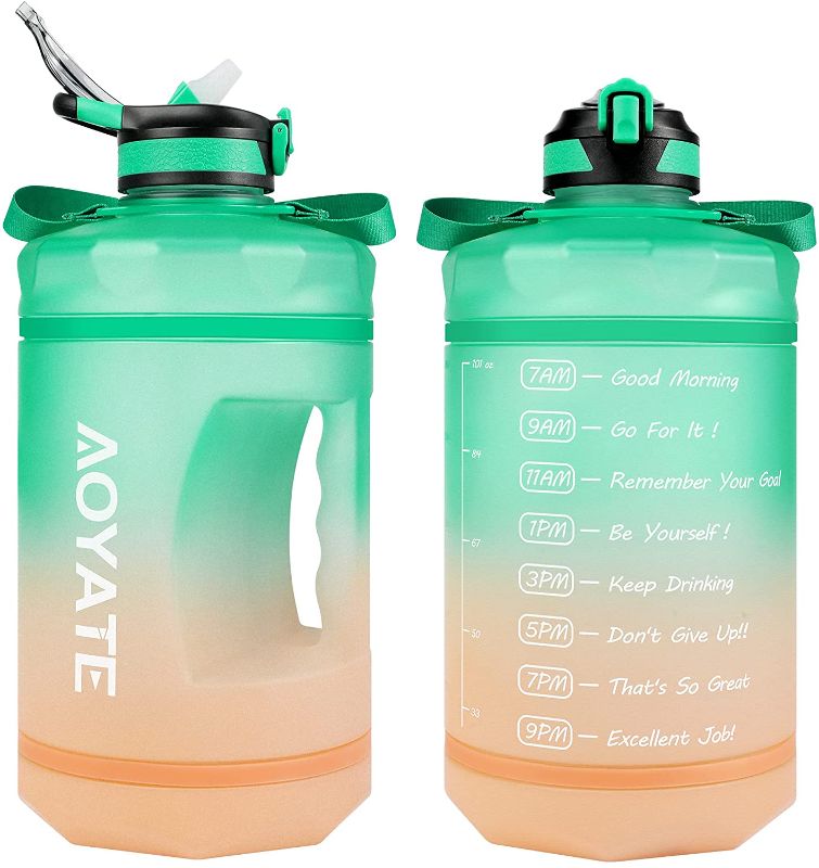 Photo 1 of 1 Gallon /128 OZ Motivational Water Bottle with Time Marker & Straw, Leakproof Large Water Jugs with Handle, [Wide Mouth] Tritan BPA Free Sports Water Bottle for Fitness Gym Outdoor Sports (Geen/Orange Gradient)
