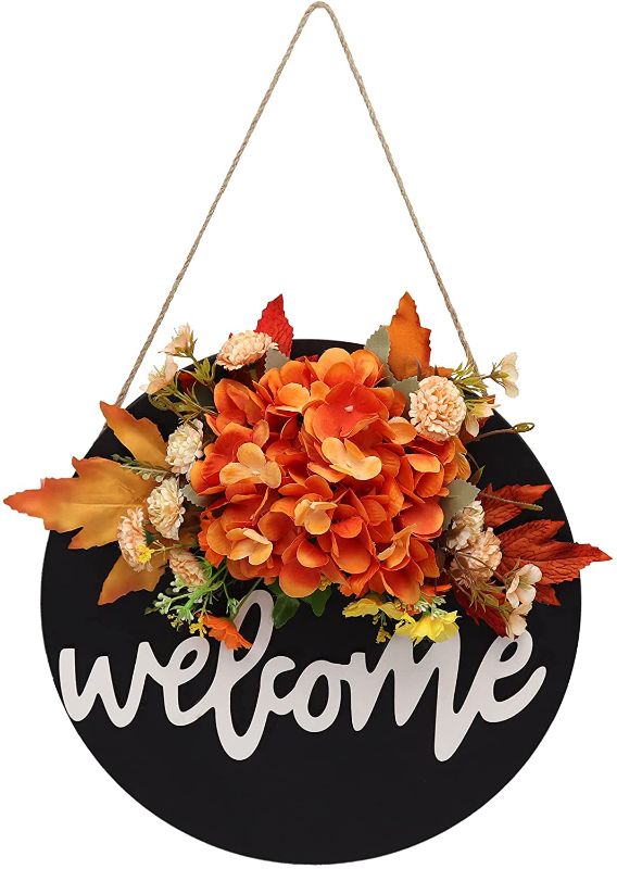 Photo 1 of Artificial Fall Wreaths for Front Door Outside Hello Sign Autumn Wreath for Festival Celebration Front Door Outside Home Wall Window Decoration, Party Décor(12inch)
