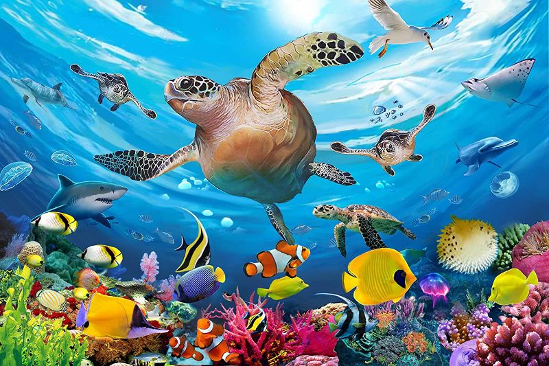 Photo 1 of 100 Pieces Jigsaw Puzzle for Kids Age 4-8 Sea Turtle Swimming Fantastic Seaworld Educational Puzzle Toys for Toddler Children Boys and Girls (15 x 10 inch)