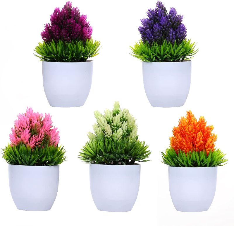 Photo 1 of 5 Pack Fake Potted Plants, 7.5" Small Artificial Handmade Plastic Realistic Plant for Office Home Garden Decorations, Cute Living Room Bathroom Kitchen Centerpieces Desk Indoor Outdoor Decor