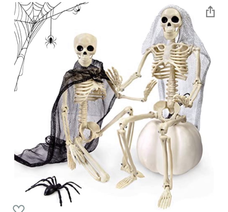Photo 1 of 2Pcs 16" Halloween Skeletons Decor, Hanging Full Body Joints Posable Skeleton Halloween Decoration Bride Groom Spider Accessories Halloween Party Favors Haunted House Indoor Spooky Decor
