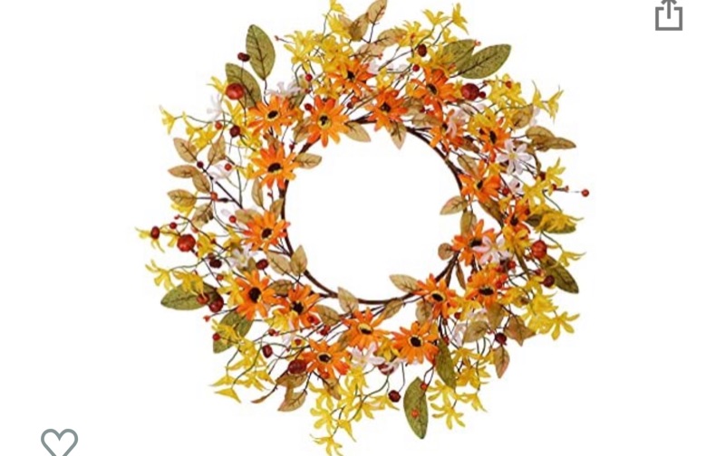 Photo 1 of Artificial Fall Flower Wreath,20” Orange Yellow White Floral Wreath Autumn Wreath with Pumpkins and Berries Front Door Wreath for Home Decor and Thanksgiving Celebration