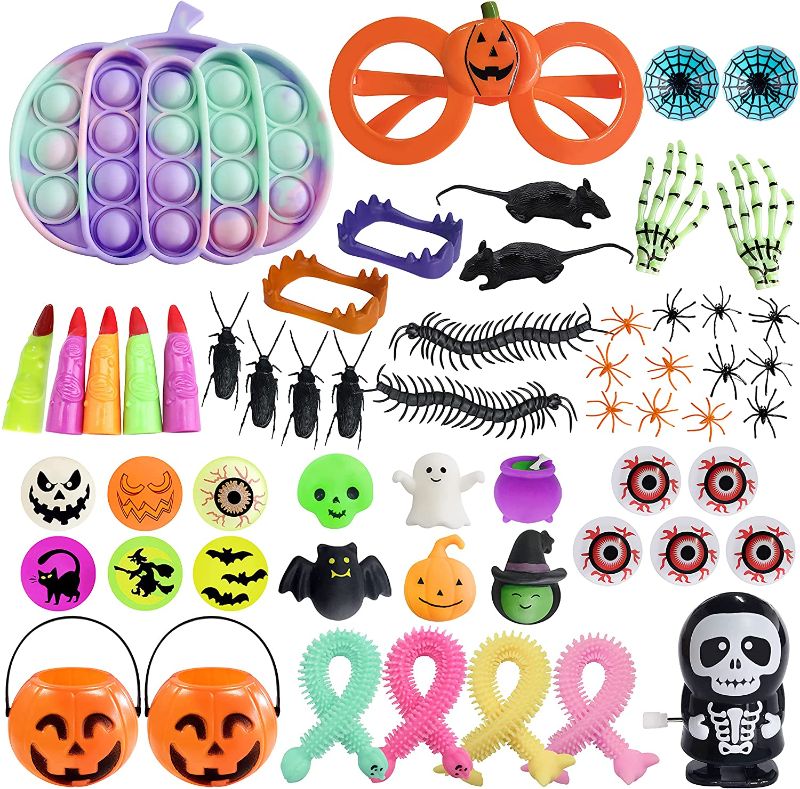 Photo 1 of 57 Pcs Halloween Decorations Game Toys Fidget Toys Assortment with Pumpkin Pop Toy for Kids Halloween Party Favors Trick or Treat,Classroom Rewards