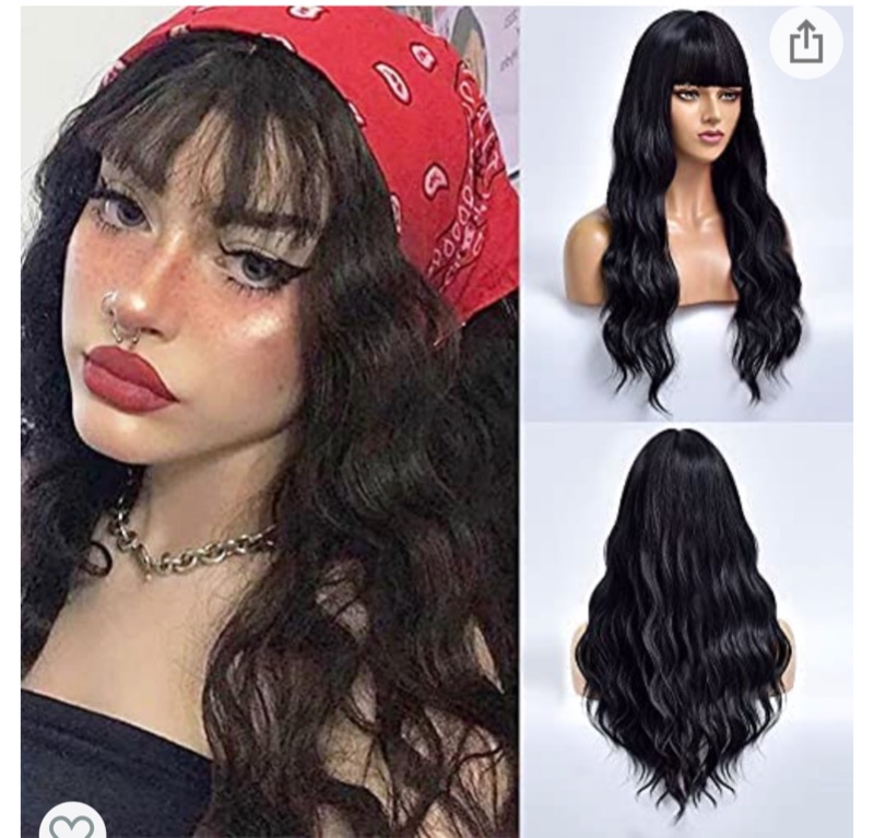 Photo 1 of Akkya Long Black Wigs with Bangs for Women Wavy Heat Resistant Synthetic Curly Hair Weave Cosplay Halloween Party Wig