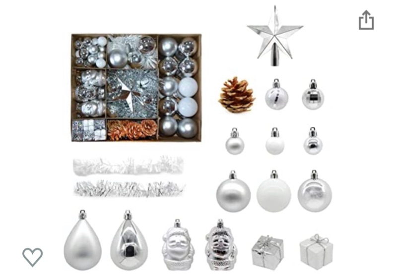 Photo 1 of Christmas Tree Ornament, 104 Pcs Assorted Christmas Hanging Ornaments Shatterproof Christmas Ball Set for Xmas Tree Decoration (Silver)