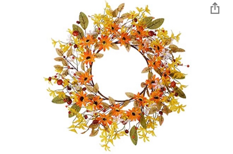 Photo 1 of Artificial Fall Flower Wreath,20” Orange Yellow White Floral Wreath Autumn Wreath with Pumpkins and Berries Front Door Wreath for Home Decor and Thanksgiving Celebration