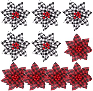 Photo 1 of 10 Pcs 6.5in Christmas Buffalo Plaid Poinsettia, Beautiful Artificial Christmas Flowers, Fake Silk Flower Picks, Christmas Tree Ornaments