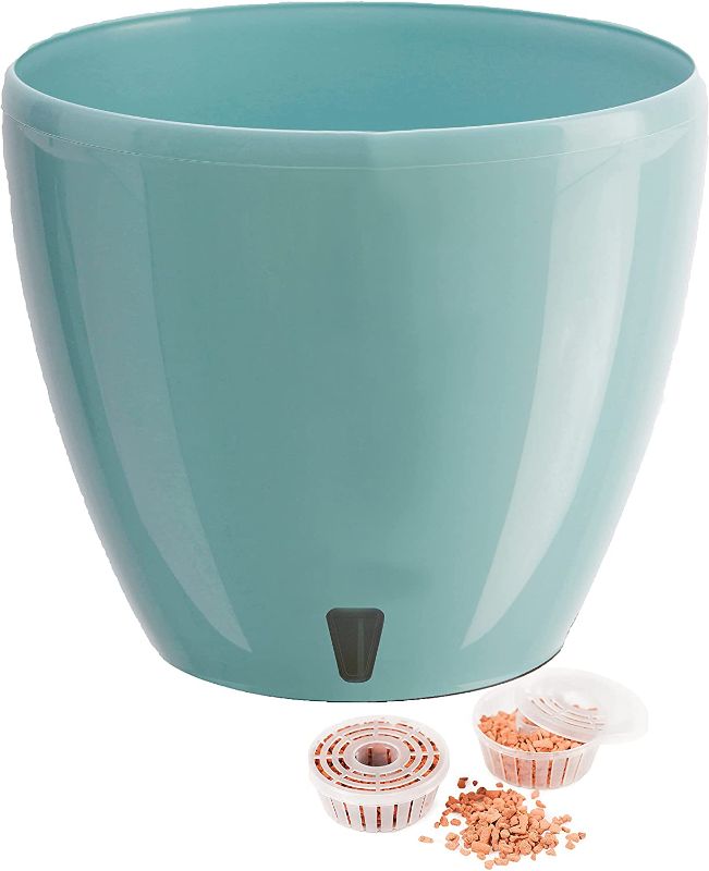 Photo 1 of DecoPots - 8.8" Self Watering Planter - Indoor Decorative Flower Pot with Drainage Cartridge and Water Level Indicator (Diameter 8.8", Jade)
