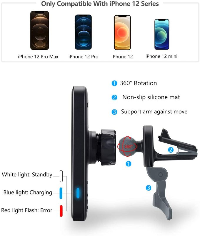 Photo 1 of  Magnetic Wireless Car Charger Mount Compatible with iPhone 12/12 Pro/12 Pro Max/12 Mini, Fast Charge Auto-Alignment Car Charger Holder---- FACTORY SEALED 