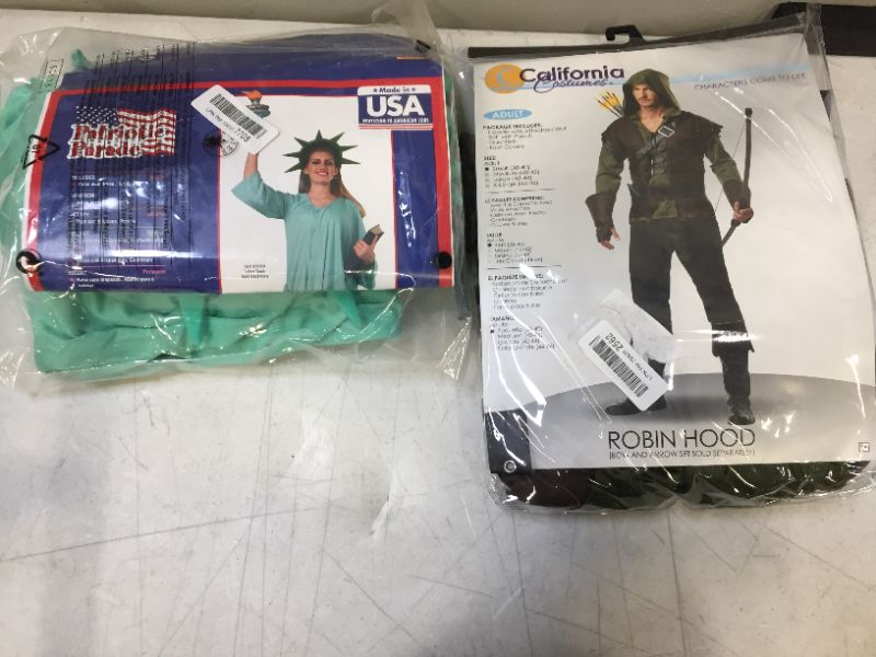 Photo 1 of 2 PACK OF ADULT SIZE COSTUMES STATUE OF LIBERTY FITS UP TO SIZE 12 DRESS AND ROBIN HOOD SIZE SMALL 
