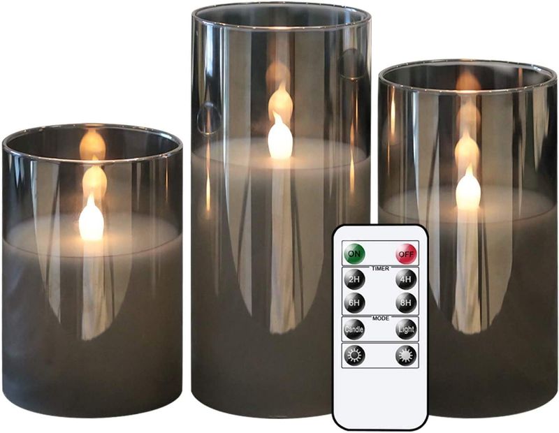 Photo 1 of GenSwin Gray Glass Flameless Led Candles Battery Operated with Timer and 10-Key Remote, Real Wax Warm Light Candles Flickering for Wedding Festival Home Decoration 3 IN SET 
