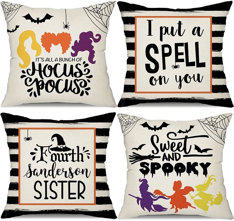 Photo 1 of DFXSZ Halloween Pillow Covers,Sanderson Sisters Throw Pillow Cover Spider Web Bat Linen Cushion Case Decorations Farmhouse Pillow Covers Outdoor Halloween Pillows Decorative for Fall Home Decor-- 2 PACK 
