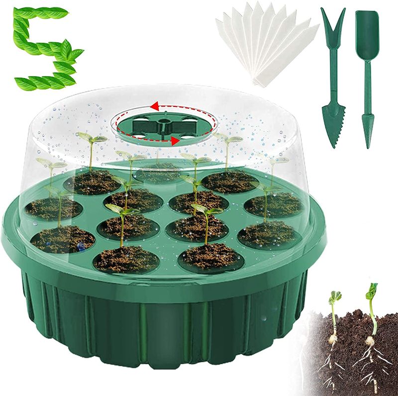 Photo 1 of 5 Pack Seed Starter Tray with Dome, Humidity Adjustable Plant Seed Starter Tray Kit with 2 Small Shovels 10 Plant Tags, 13 Cells Base Grow Trays Mini Propagator for Seeds Growing Starting
