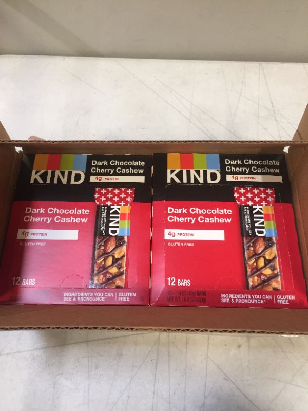 Photo 2 of ***EXP 04/07/2022**** KIND Nut Bars, Dark Chocolate Cherry Cashew, 1.4 Ounce, 24 Count, Gluten Free, Low Glycemic Index, 4g Protein
