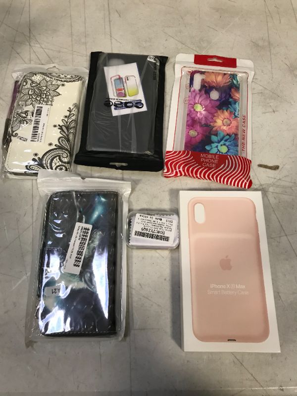 Photo 1 of PACK OF PHONE CASES FOR IPHONE, GALAXY A11, A21, Z3 PLAY -- AUTHENTIC APPLE IPHONE XS MAX CHARGING CASE 