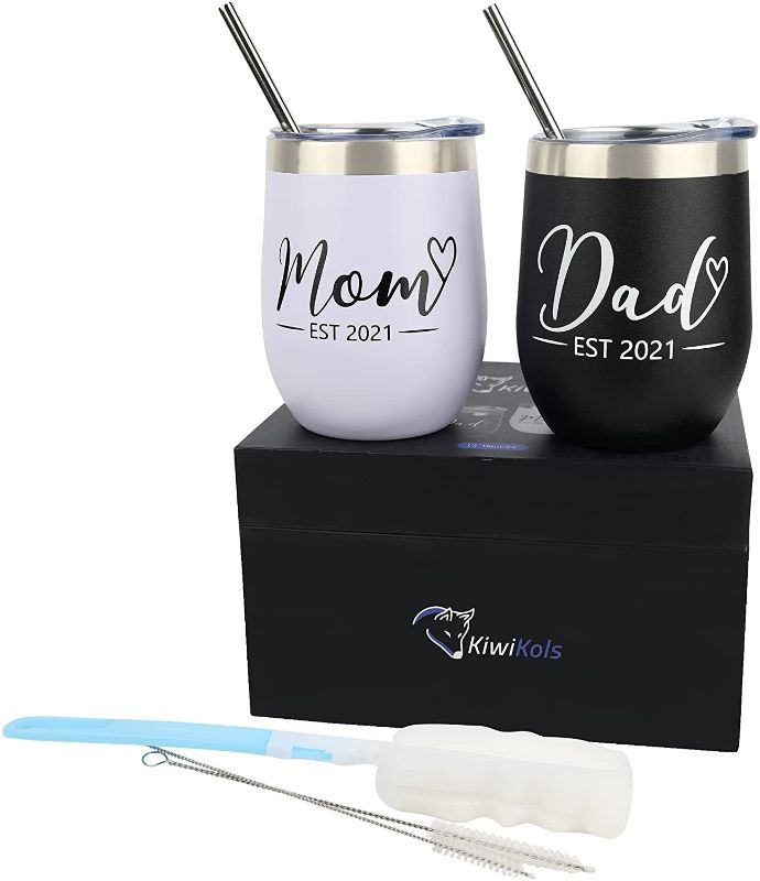 Photo 1 of Mom and Dad Wine Tumbler Set 2021- Funny Christmas Gifts - 2 Straws, Cup Brush, Straw Brush - Gift Box Packaging - Baby Shower Gift - Black & White
