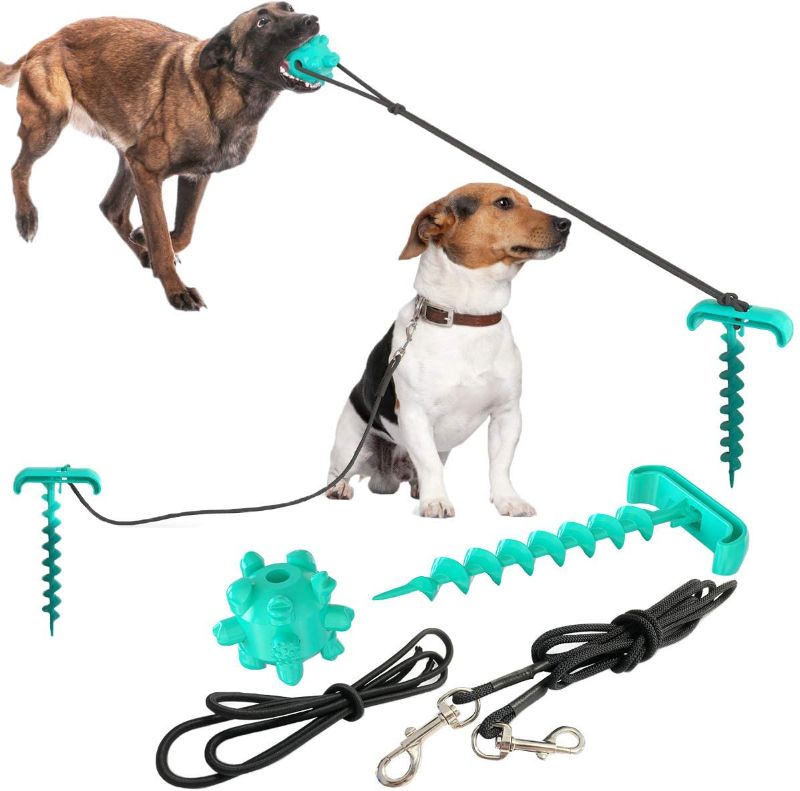Photo 1 of Dog Tie Out Cable and Stake, 10.19" Sturdy Stake for Dog Tie Out with Dog Chew Toy and Elasticity Dog Chain for Camping Backyard, Great for Small Medium Large Dogs Up to 120 lbs
