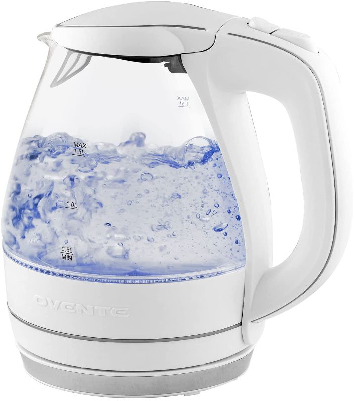 Photo 1 of Ovente Portable Electric Glass Kettle 1.5 Liter with Blue LED Light and Stainless Steel Base, Fast Heating Countertop Tea Maker Hot Water Boiler with Auto Shut-Off & Boil Dry Protection, White KG83W
