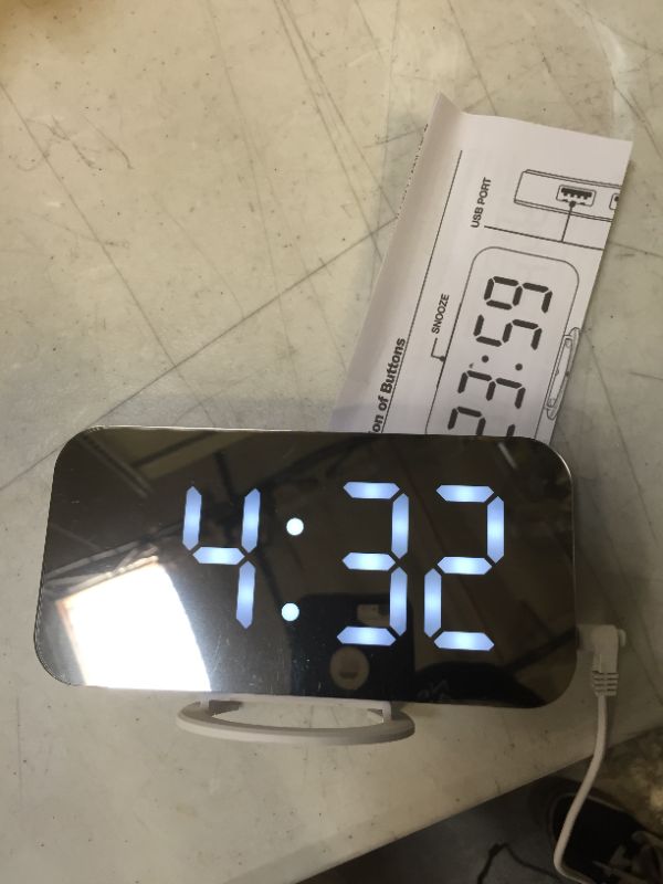 Photo 1 of Digital Alarm Clock with 2 USB Charger Ports, LED Mirror Alarm Clocks for Bedrooms Office, Snooze Function, Adjustable Brightness, Bedside Alarm Clocks (White)
