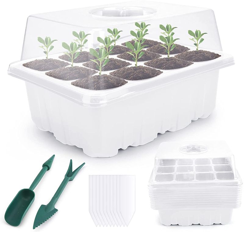 Photo 1 of AUXSOUL Seed Starter Tray Kit, 12 Pack Plant Germination Growing Containers with 10pcs Labels 2pcs Seedling Lifter Tools Dome and Base for Outdoor or Indoor Herb Greenhouse Wheatgrass(12 Pack White)
