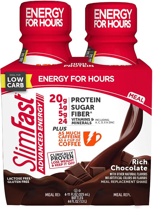 Photo 1 of SlimFast Advanced Energy High Protein Meal Replacement Shake, Rich Chocolate, 20g of Ready to Drink Protein with Caffeine, 11 Fl. Oz Bottle, 4 Count -- 6 PCK
EXP 12/22/2022