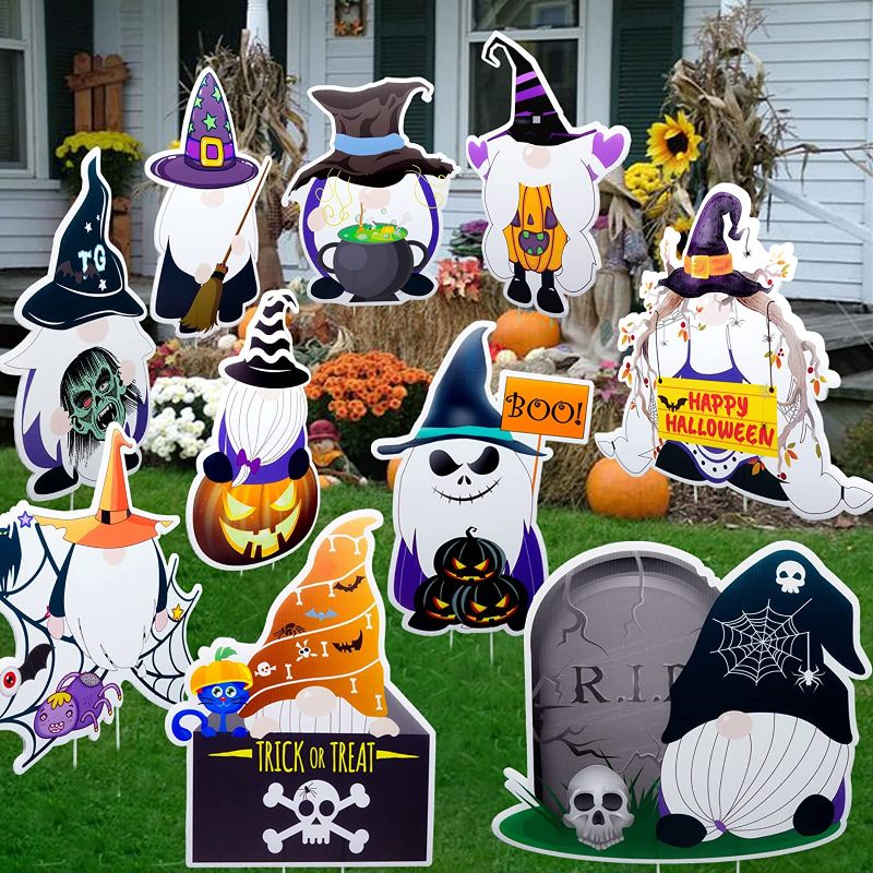 Photo 1 of 10Pcs Halloween Decorations Outdoor Gnomes Halloween Yard Decorations Halloween Yard Signs with Stakes for Home Garden Yard Lawn Party Decorations Outdoor Yard Stake Welcome Sign Waterproof Photo Prop
