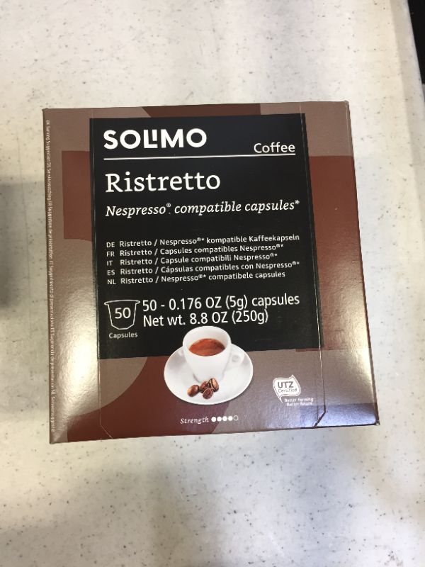 Photo 1 of Amazon Brand - Solimo Ristretto Capsules 50 CT, Compatible with Nespresso Original Brewers
EXP FEB 12 2022