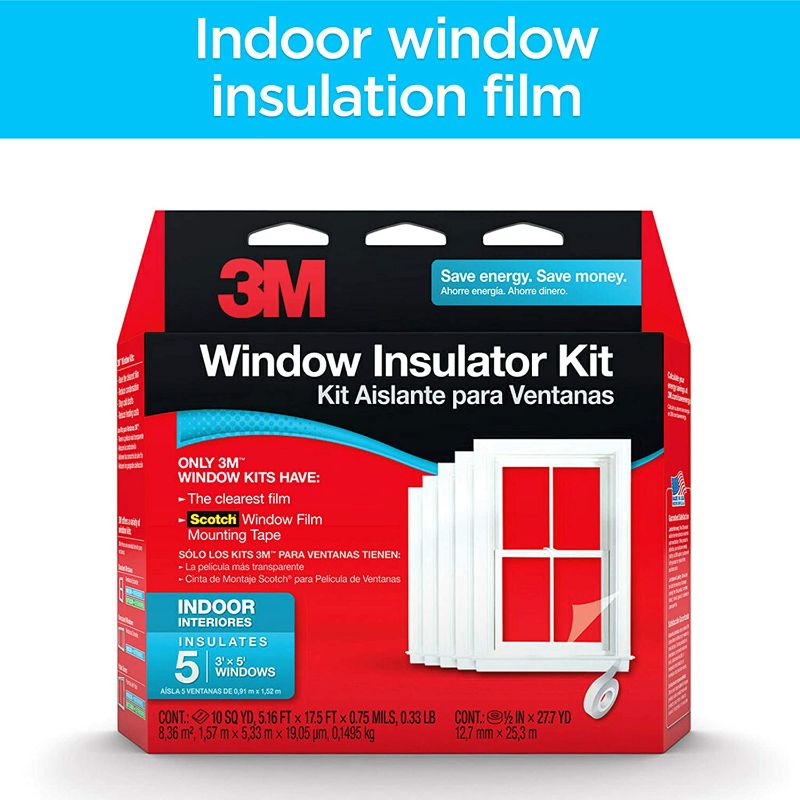 Photo 1 of 3M Indoor Window Insulator Kit, Window Insulation Film for Heat and Cold, 5.16 ft. x 17.5 ft., Covers Five 3 ft. by 5 ft. Windows - 5 pack (factory sealed)