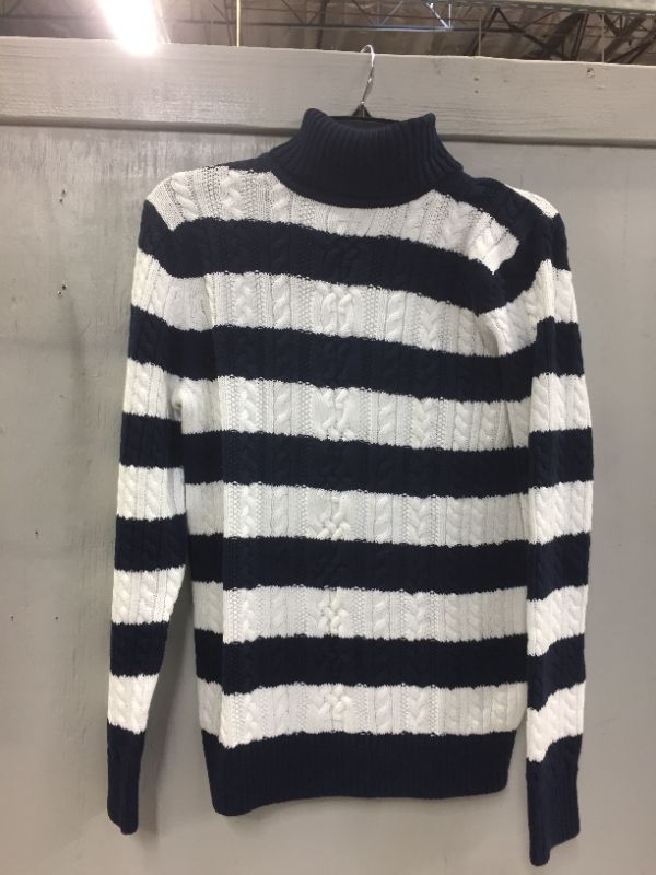 Photo 1 of AMAZON ESSENTIALS WOMENS TURTLE NECK KNIT SWEATER WHITE/NAVY BLUE STRIPED
SIZE SMALL