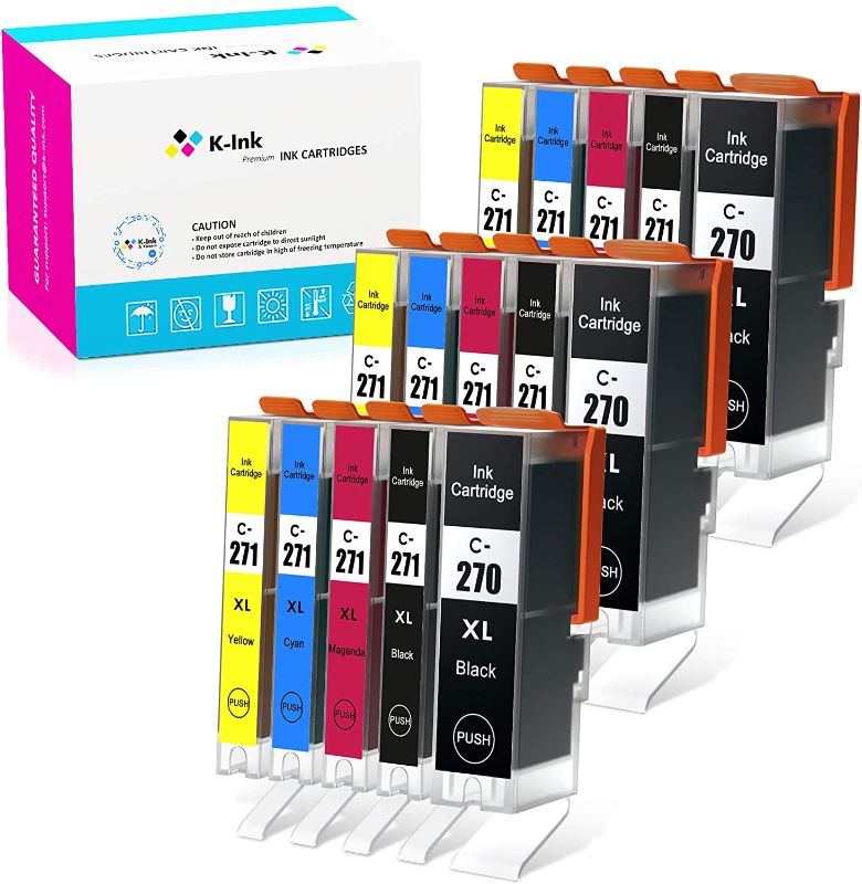 Photo 1 of K-Ink Compatible Ink Cartridge Replacement for Canon PGI-270XL CLI-271XL PGI 270 XL CLI 271 XL for PIXMA MG6821 TS9020 (15 Pack -3 Large Black, 3 Small Black, 3 Cyan, 3 Magenta, 3 Yellow)
