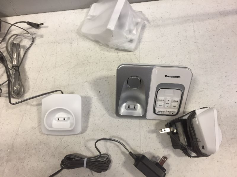 Photo 1 of Panasonic Expandable Cordless Phone System with Answering Machine and Call Block - 3 Cordless Handsets - KX-TGD633W (White/Silver)
