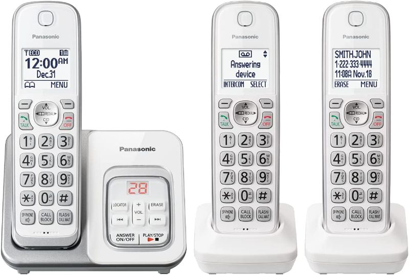 Photo 1 of Panasonic Expandable Cordless Phone System with Answering Machine and Call Block - 3 Cordless Handsets - KX-TGD633W (White/Silver)
