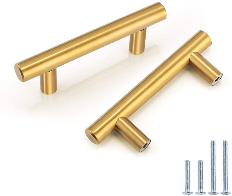Photo 1 of 2 Pack Gold Handles for Kitchen Cabinet Brushed Brass Drawer Pulls Knobs Stainless Steel Kitchen Hardware (64mm) Screws Spacing Chest Cupboard Door Handle Pull 6-1/4" Length
