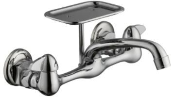 Photo 1 of 2-Handle Wall-Mount Kitchen Faucet with Soap Dish in Chrome
