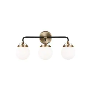 Photo 1 of Cafe 21.75 in. W 3-Light Satin Brass Vanity Light with Etched/White Glass Shades and Matte Black Frame Accents