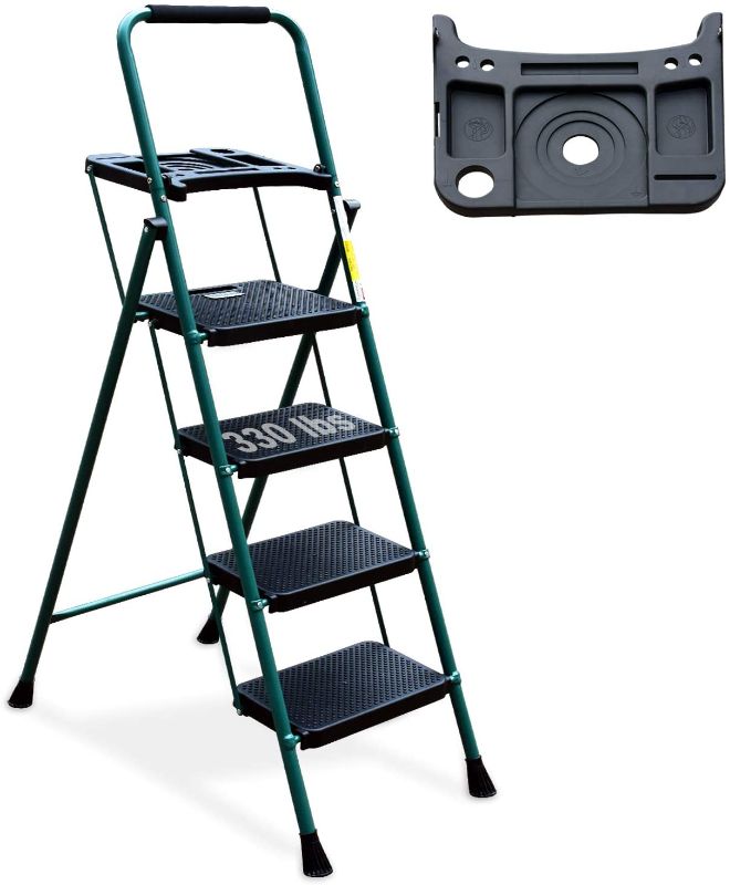 Photo 1 of 4 Step Ladder, HBTower Folding Step Stool with Tool Platform, Wide Anti-Slip Pedal, Sturdy Steel Ladder, Convenient Handgrip, Lightweight 330lbs Portable Steel Step Stool, Green and Black
