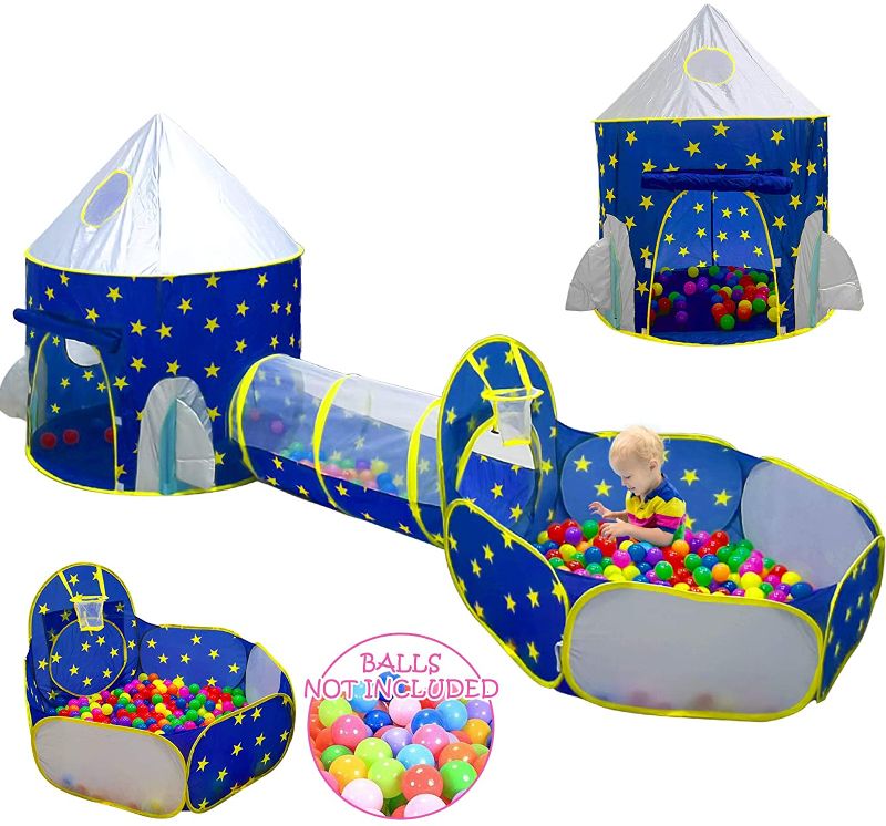 Photo 1 of 3pc Kids Play Tent for Boys with Ball Pit, Crawl Tunnel, Princess Tents for Toddlers, Baby Space World Playhouse Toys, Boys Indoor& Outdoor Play House, Perfect Kid’s Gifts (3PC Blue Star Play Tent)
