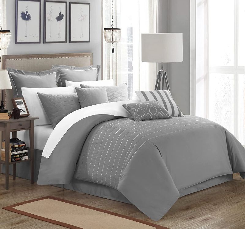 Photo 1 of Chic Home 9 Piece Brenton Super Rich Microfiber Stitch Embroidered Comforter, King, Grey
