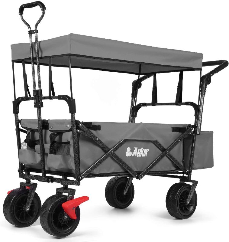 Photo 1 of AUKAR Heavy Duty Collapsible Folding Wagon Utility Outdoor Garden Cart with 7" All-Terrain Wheels Adjustable Push and Pull Handles for Shopping, Picnic, Beach, Camping, Sports (Grey)
