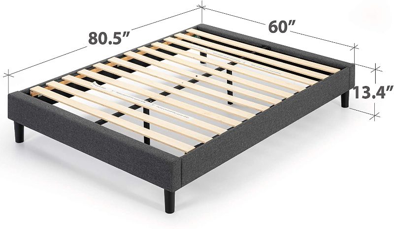 Photo 1 of ZINUS Curtis Upholstered Platform Bed Frame / Mattress Foundation / Wood Slat Support / No Box Spring Needed / Easy Assembly, Grey, Queen
