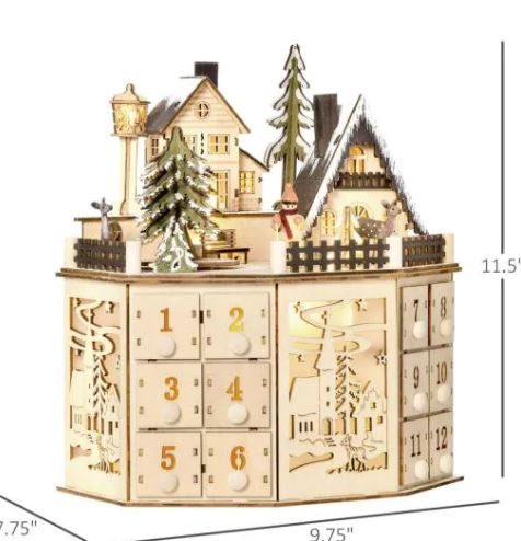 Photo 1 of 11.5 in. Natural Wooden Christmas Calendar, Light Up Table Xmas Holiday Decoration with Countdown Drawers and Village
