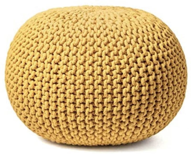 Photo 1 of Fernish Decor Round Pouf Ottoman Hand Knitted Cotton Pouf Footrest,Foot Stool, Knit Bean Bag Floor Chair for Bed Room Living | Room | Accent Seat (20x20x14 Inch, Yellow)
