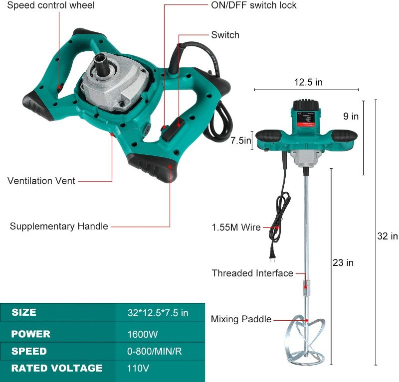 Photo 1 of Electric Mortar Mixer 110V 1600W Power Paint Cement Concrete Mixer Handheld Mixing Machine with 6 Adjustable Speed
