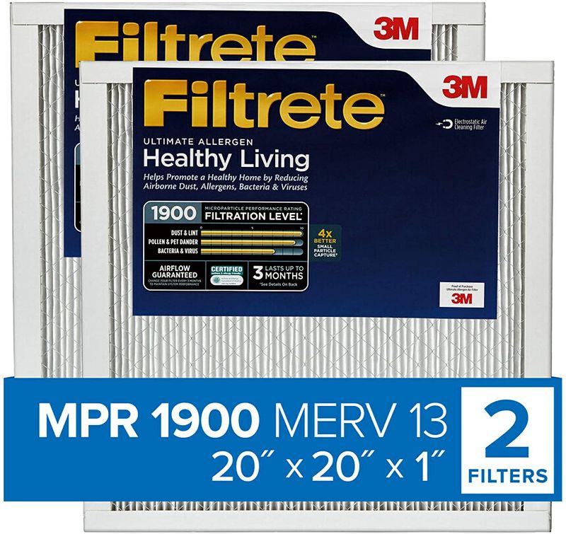 Photo 1 of Filtrete 20x20x1, AC Furnace Air Filter, MPR 1900, Healthy Living Ultimate Allergen, 2-Pack (exact dimensions 19.69 x 19.69 x 0.78)
