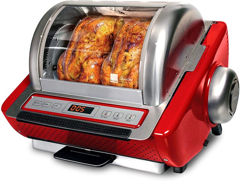 Photo 1 of Ronco Showtime EZ-Store Large Capacity Rotisserie & BBQ Oven, Digital Controls, Compact Storage, Perfect Preset Rotation Speed, Self-Basting, Auto Shutoff, Includes Multipurpose Basket, red
