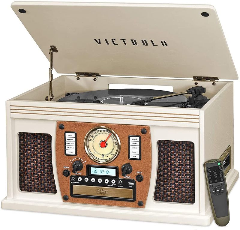 Photo 1 of Victrola 8-in-1 Bluetooth Record Player & Multimedia Center, Built-in Stereo Speakers - Turntable, Wireless Music Streaming, Real Wood | White
