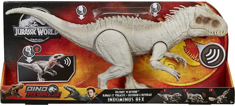 Photo 1 of ??Jurassic World Destroy ‘N Devour Indominus Rex with Chomping Mouth, Slashing Arms, Lights & Realistic Sounds, Swallows 3 ¾ Human Action Figures ?
