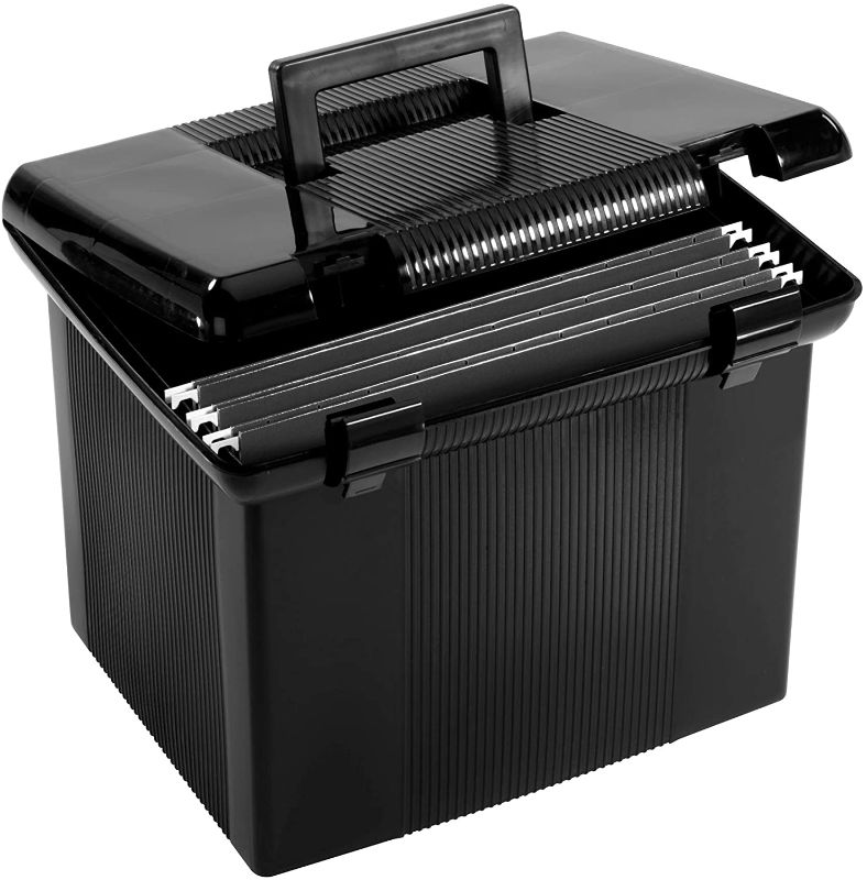 Photo 1 of Pendaflex Portable File Box with File Rails, Hinged Lid with Double Latch Closure, Black, 3 Black Letter Size Hanging Folders Included (41742AMZ)

