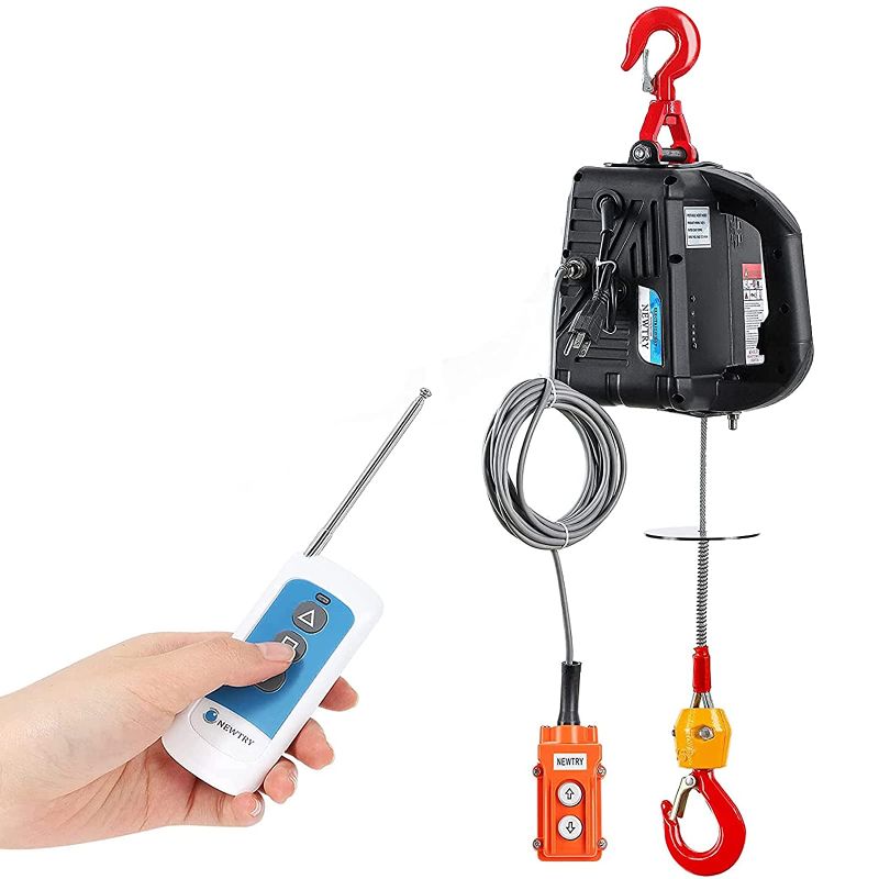 Photo 2 of NEWTRY 3 in 1 Electric Hoist Winch 440lb, 16ft/min Manual|Cable|Wireless Remote Control, 62ft Portable Power Electric Lift with Sling Strap for Lifting Small Engines, Bicycles, Groceries
